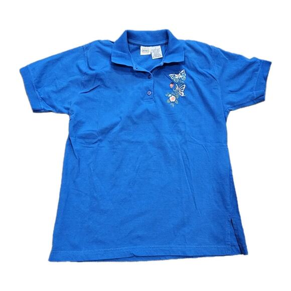 Vtg Floral Butterfly Embroidered Polo Womens L Blue Lady Bug Fairy Gardencore - Picture 1 of 7